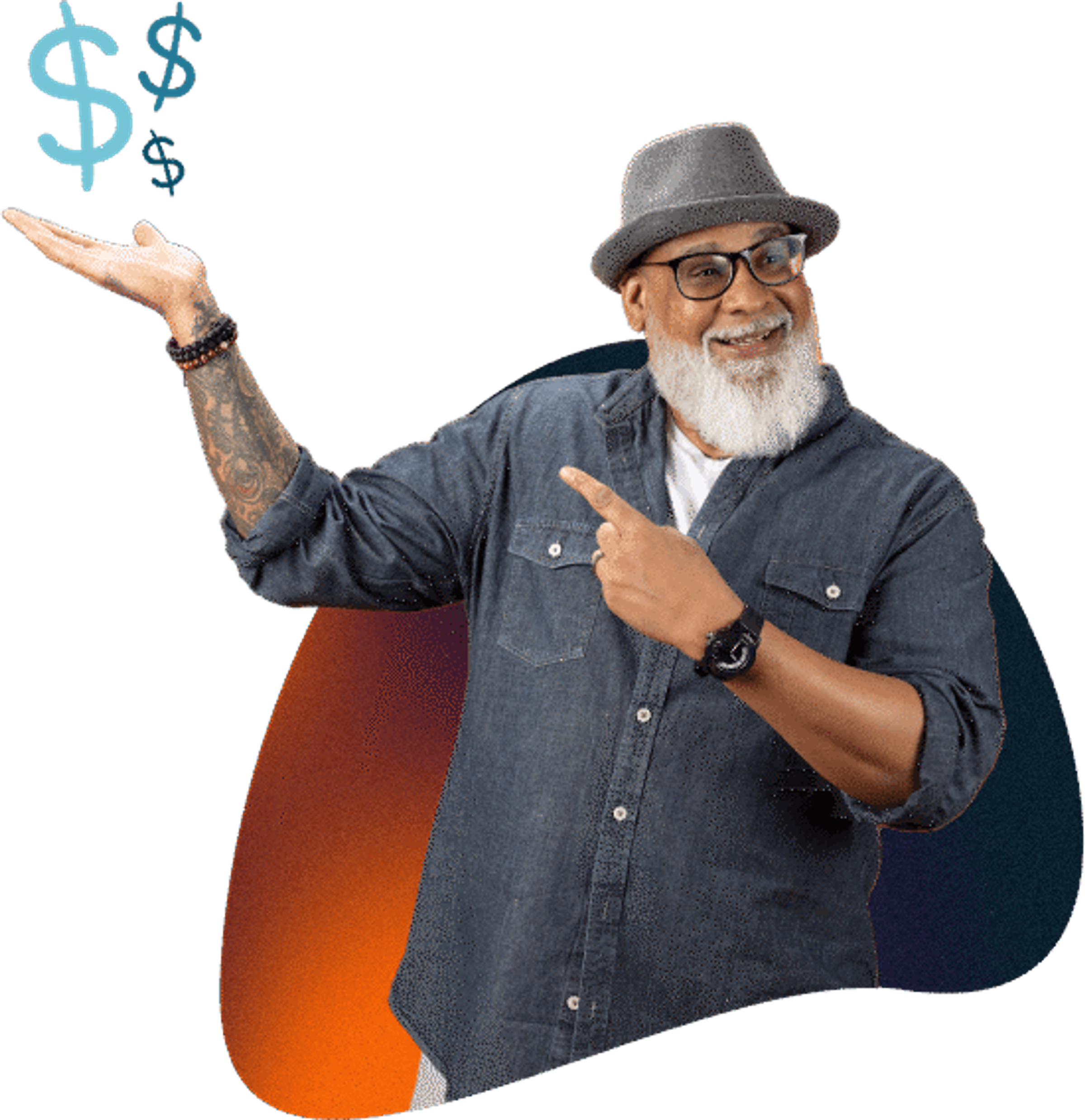 Senior man holding his hand up to display illustrated dollar signs